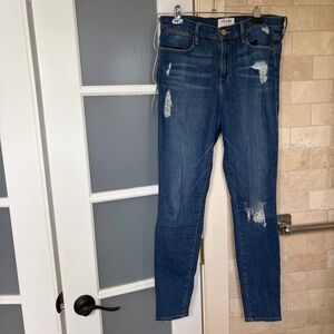 Frame Le High Skinny Jeans in Dark Blue with Distressed Details